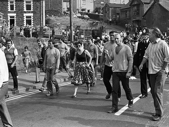 Miners' support group stalwart Heather Griffiths during protest in Blaengarw, August 1984