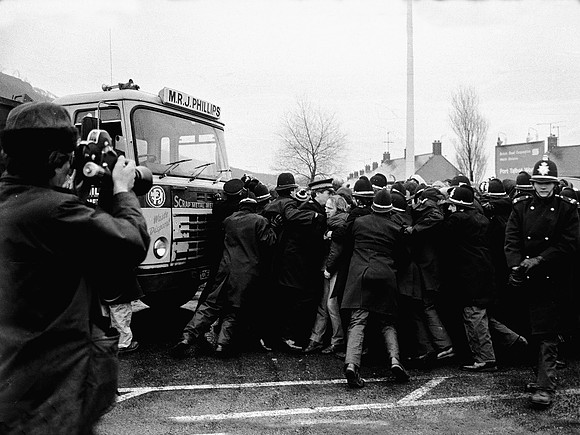 Protestors and police clash at Port Talbot Steelworks. 3 August, 1984