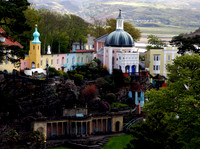 Portmerion village with a backdrop of the rugged North Wales landscape.