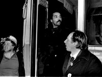 St John's Colliery. 7 March 1985. Lodge secretary Ian Isaac, right, chairman Charlie White, centre