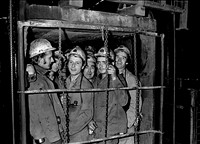 Men descend in the cage for the last time at Coegnant Colliery, Maesteg, 1981