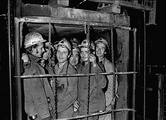 Men descend in the cage for the last time at Coegnant Colliery, Maesteg, 1981