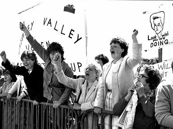 Miners' wives and supporters protest against Margaret Thatcher  Porthcawl, June 1984