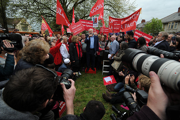 Jeremy Corbin talking politics to a crowd  in Cardiff