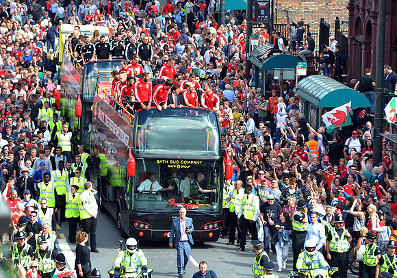 Wales football team homecoming through the streets of Cardiff