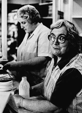 Mary Blagojevic (background) and Kath Hatton. Coegnant Colliery Canteen. November 1981